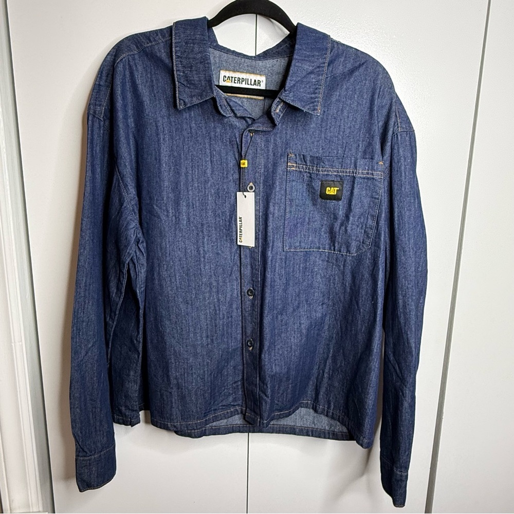 CAT Men’s Cropped Denim Shirt Rinsed Denim Button Down NWT $89